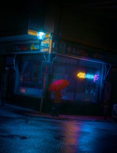 noche lluviosa, modelo con paraguas rojo pasenado. foto con estilo ciberpunk